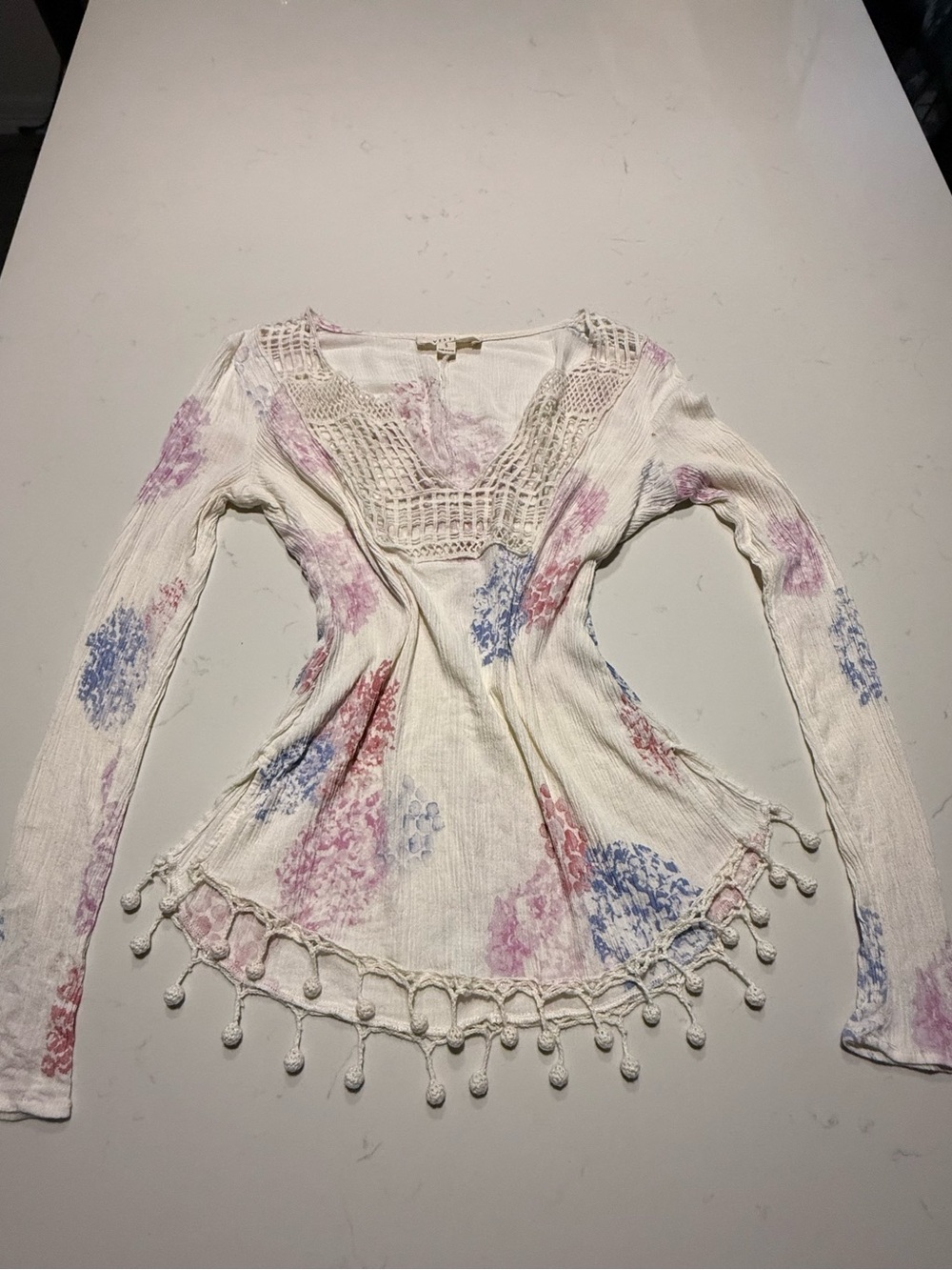 Boho Crochet-Trim White Floral Long Sleeve Top